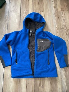 The North Face Kids Bright Blue Hooded Fleece with Charcoal Pocket (Size 10/12)